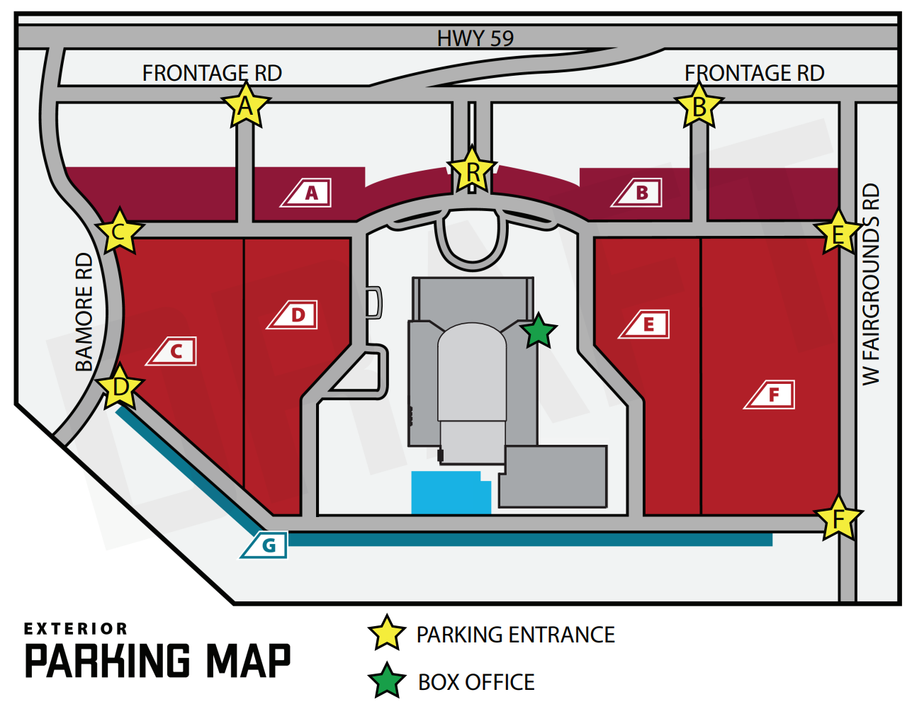Epicenter Exterior Parking Map with Parking Entrances and Box Office location