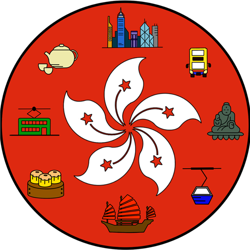 The Hong Kong flag which is red with a white flower in the center surrounded by iconic Hong Kong symbols