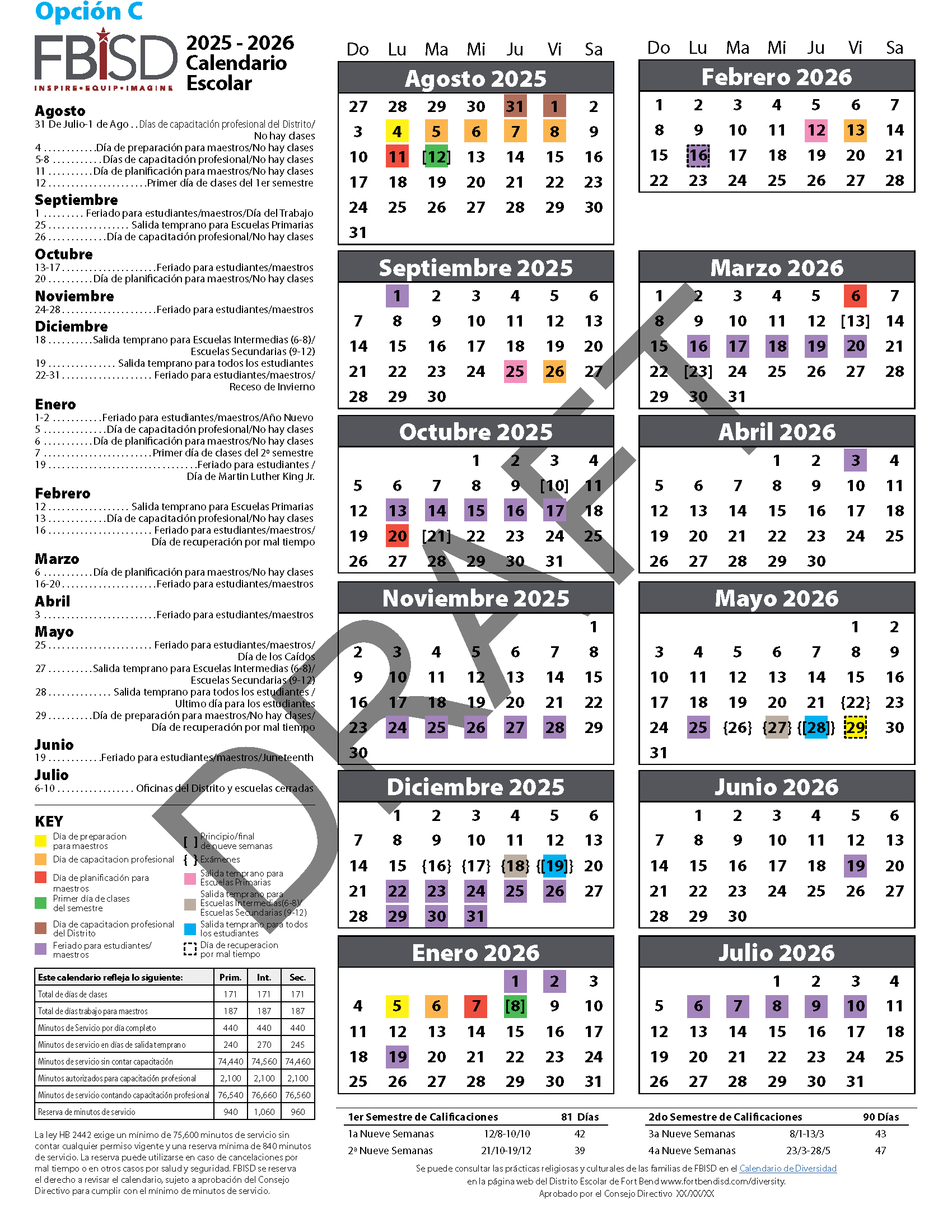 2025-2026 Instructional Calendar Draft C in Spanish
