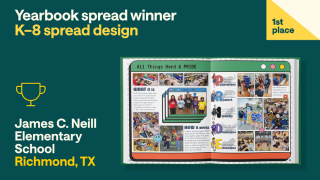  Yearbook design award graphic showing 1st place for K–8 spread, with James C. Neill Elementary Scho