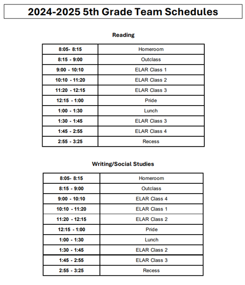 5th grade ELA and Social studies schedule